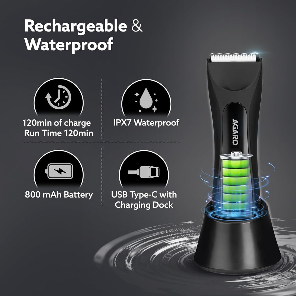 AGARO Grand Body Trimmer, For Beard, Body Shaving, 6 Length Settings, Self Sharpening Ceramic Blades, Waterproof (IPX7), Cordless, LED Torch, Dock Charging