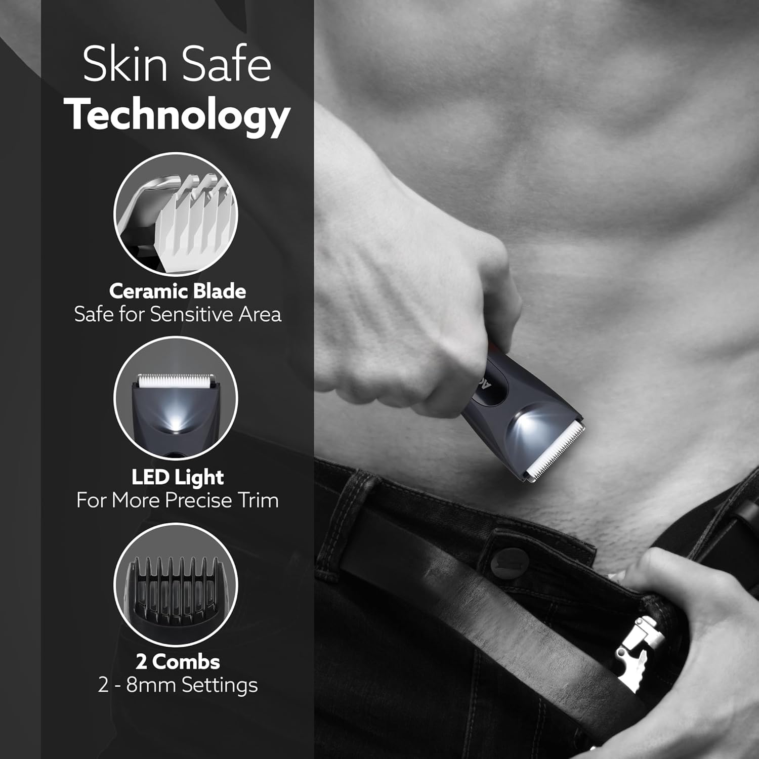 AGARO Grand Body Trimmer, For Beard, Body Shaving, 6 Length Settings, Self Sharpening Ceramic Blades, Waterproof (IPX7), Cordless, LED Torch, Dock Charging