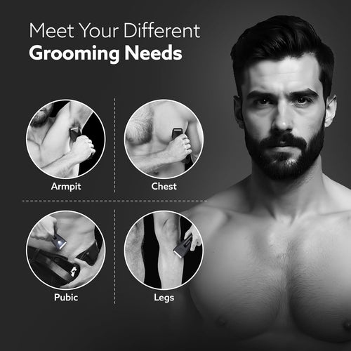 AGARO Grand Body Trimmer, For Beard, Body Shaving, 6 Length Settings, Self Sharpening Ceramic Blades, Waterproof (IPX7), Cordless, LED Torch, Dock Charging