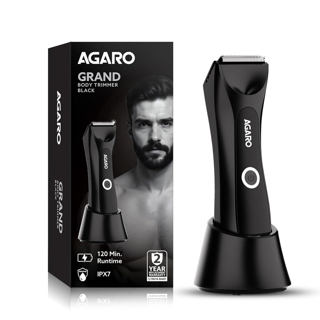AGARO Grand Body Trimmer, For Beard, Body Shaving, 6 Length Settings, Self Sharpening Ceramic Blades, Waterproof (IPX7), Cordless, LED Torch, Dock Charging